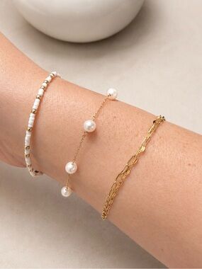 NWT 14K Yellow Gold 585 Genuine Freshwater Pearl Station Bracelet
